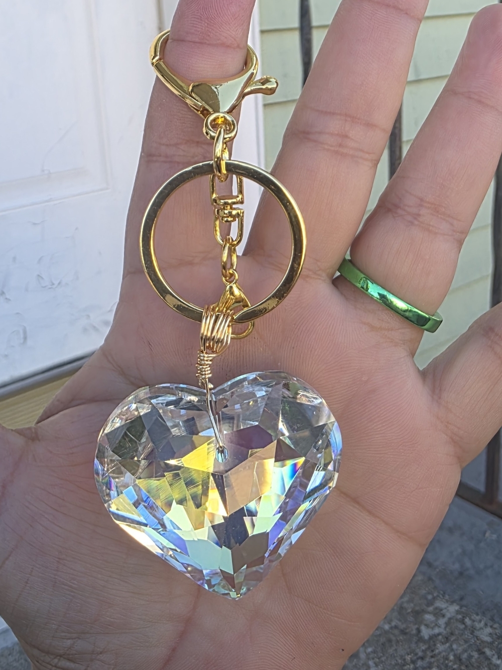 Gold-Tone Keychain with Crystal Heart Charm - Clear